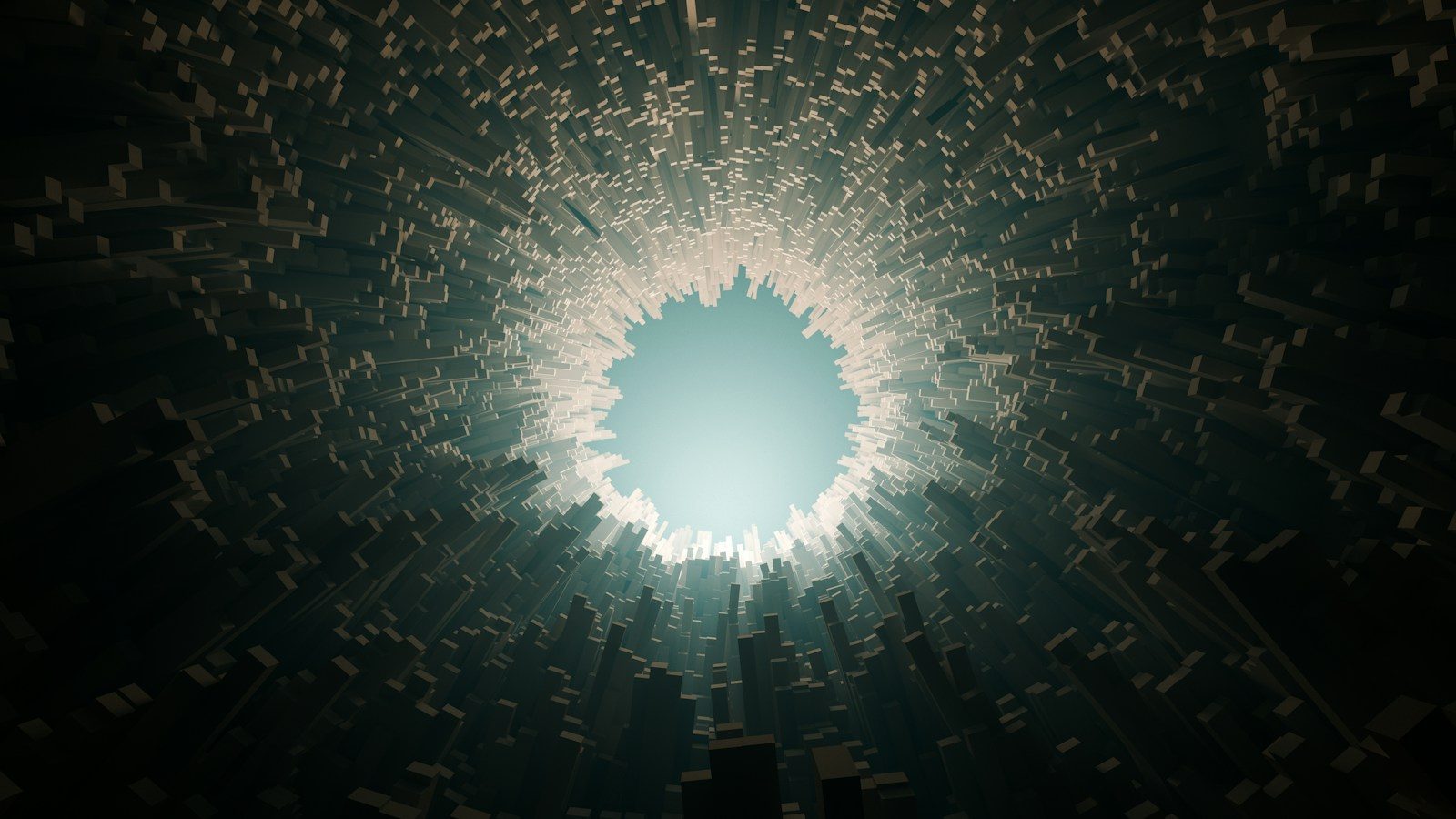 A dark tunnel of extruded rectangular blocks surrounding a bright central light source