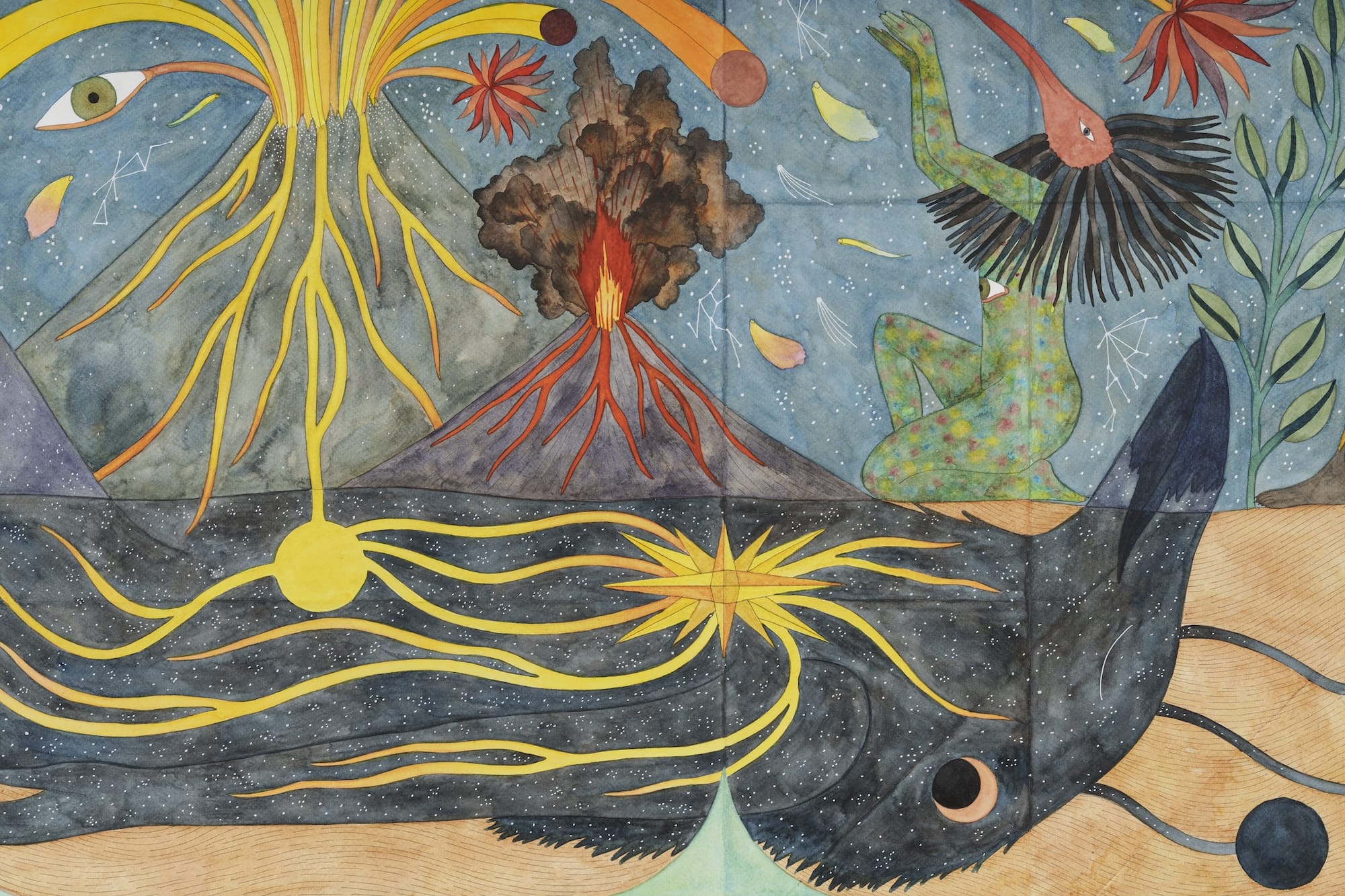 a detail of a fantastical painting featuring a hybrid human-bird with yellow veins and a volcano erupting in the distance