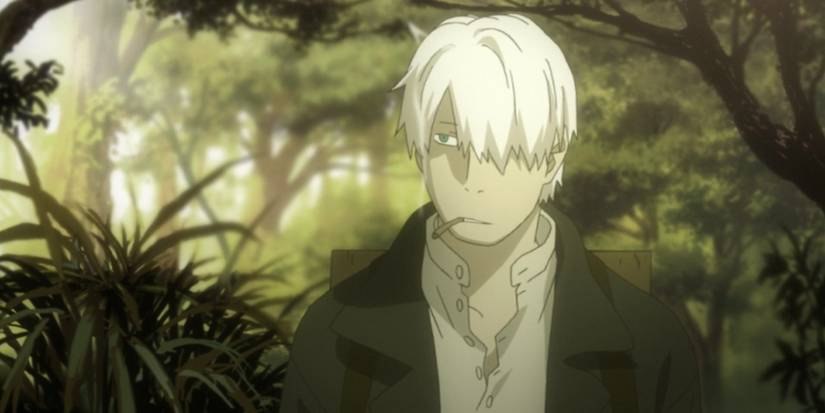 Ginko wanders through a forest while smoking Mushi Soot Grass in Mushishi.
