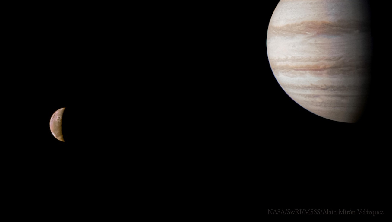 NASA’s Juno spacecraft captured Jupiter and its volcanic moon Io in the same frame.