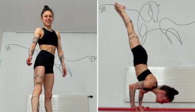 split image of Stefanie posing and doing a nose to ground handstand push up