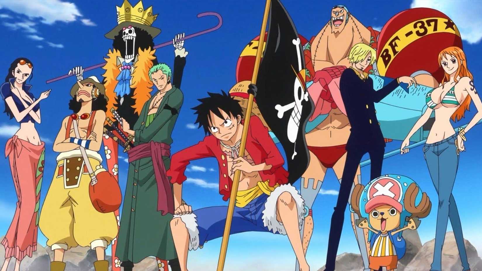One Piece's Straw Hat Pirates with Luffy holding their jolly roger