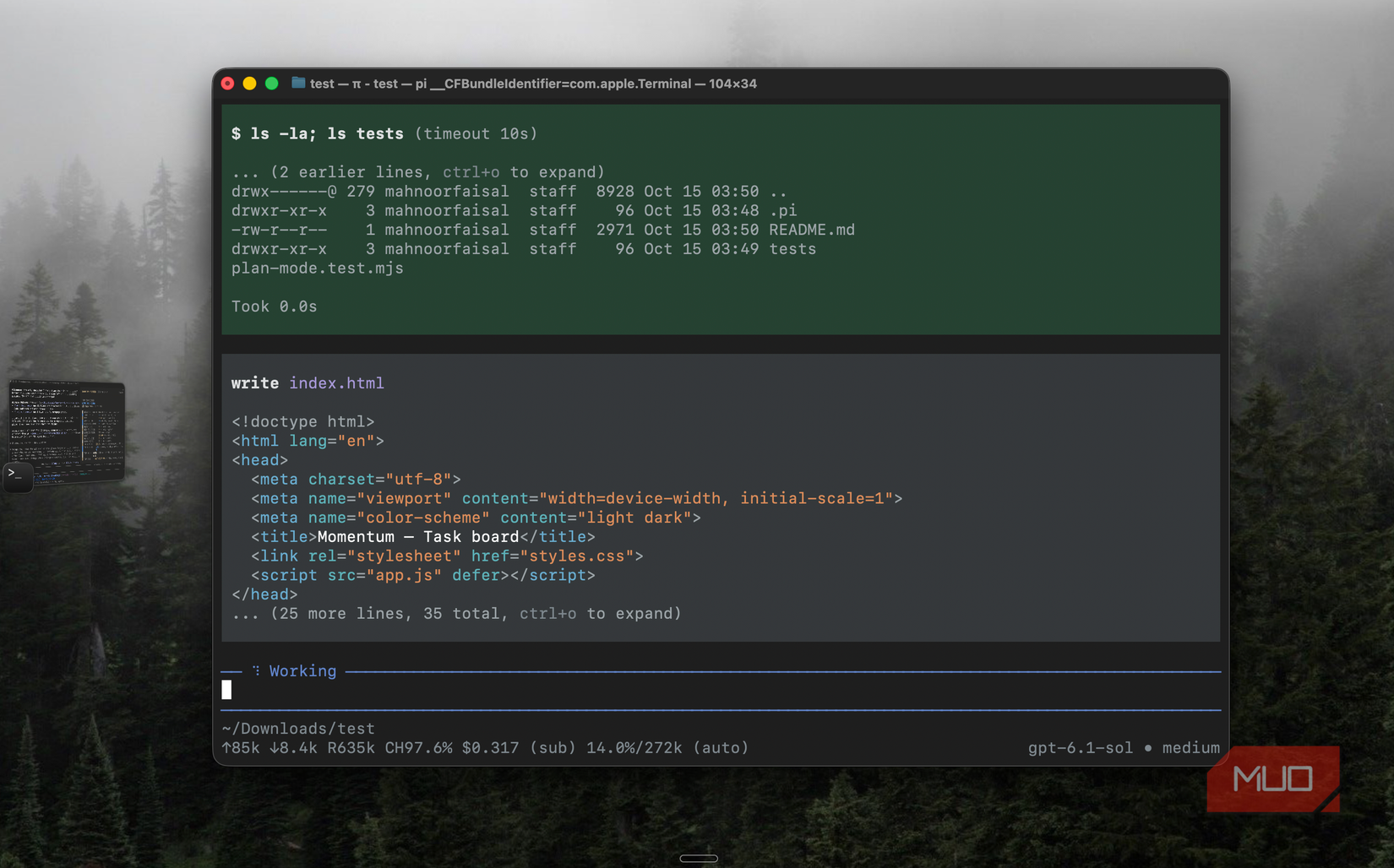 Pi in Terminal writing the Kanban app's index.html after the plan was approved-1