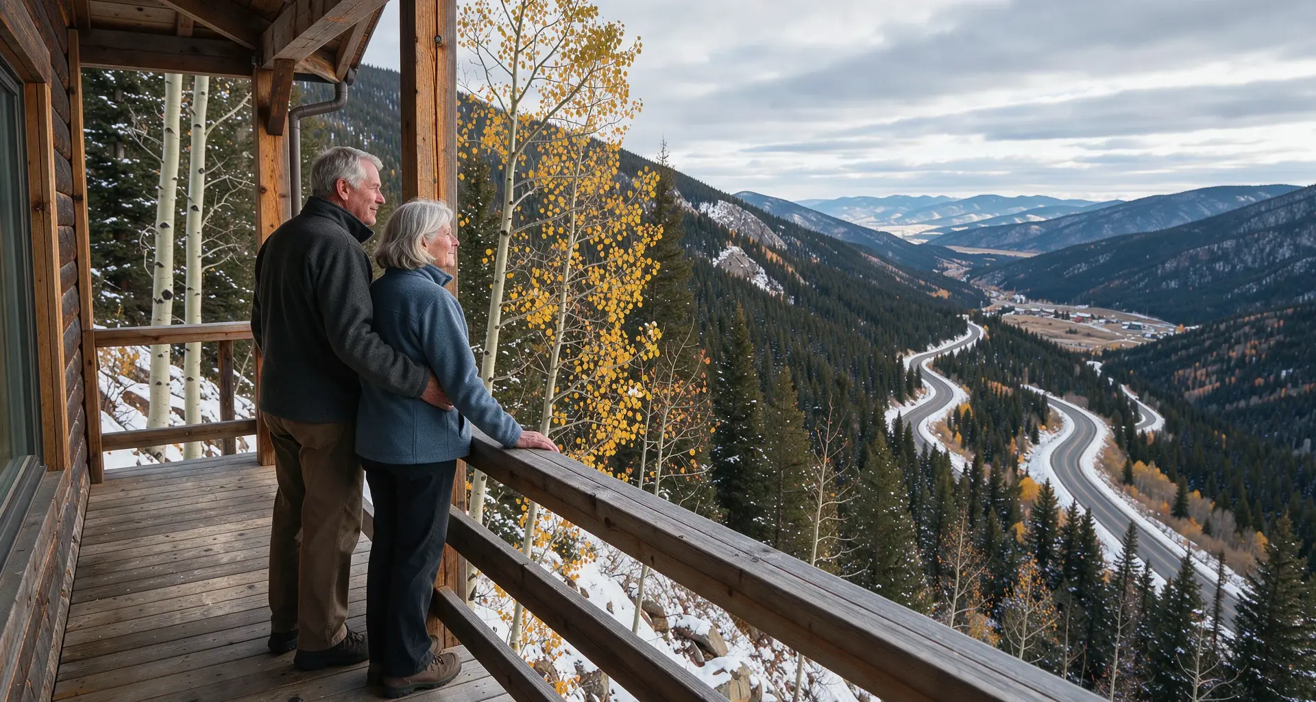 An older couple, a man with his arm around a woman, stands on a rustic wooden porch overlooking a vast mountain valley. The valley features dense evergreen forests, patches of golden aspen trees, and a winding road partially covered in snow. A small town is visible in the distance, all under a cloudy sky.