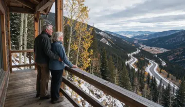 An older couple, a man with his arm around a woman, stands on a rustic wooden porch overlooking a vast mountain valley. The valley features dense evergreen forests, patches of golden aspen trees, and a winding road partially covered in snow. A small town is visible in the distance, all under a cloudy sky.