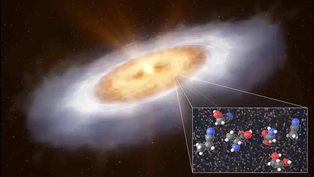Illustration showing the chemical structures of complex organic molecules discovered in a planet-forming disk
