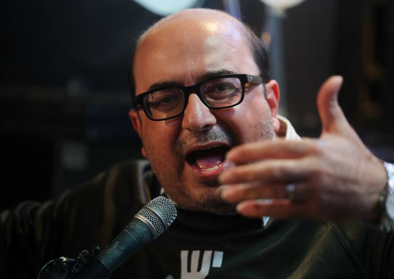 Balad chairman Sami Abu Shehadeh speaks as Israel's Joint List of Arab Parties holds a press conference to launch its election campaign in Hebrew, following his disqualification from running in the upcoming Israeli election, in Tel Aviv, Israel, October 5, 2026. REUTERS/Ammar Awad