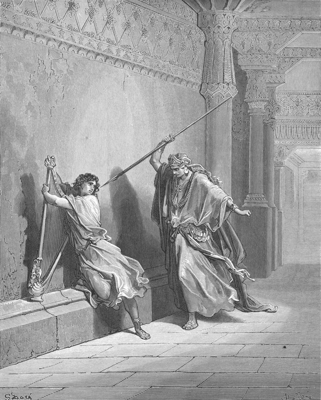 Saul attempts to kill David, an engraving by Gustave Doré שאול מנסה להרוג את דוד – תחריט של גוסטב דורה