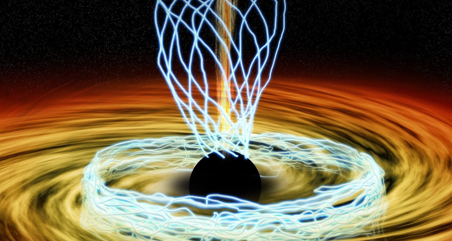 In this artist's conception, the black hole at the center of our galaxy is surrounded by a hot disk of accreting material. Blue lines trace magnetic fields. Credit: M. Weiss / Harvard-Smithsonian Center for Astrophysics