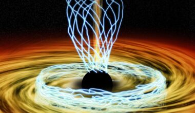 In this artist's conception, the black hole at the center of our galaxy is surrounded by a hot disk of accreting material. Blue lines trace magnetic fields. Credit: M. Weiss / Harvard-Smithsonian Center for Astrophysics