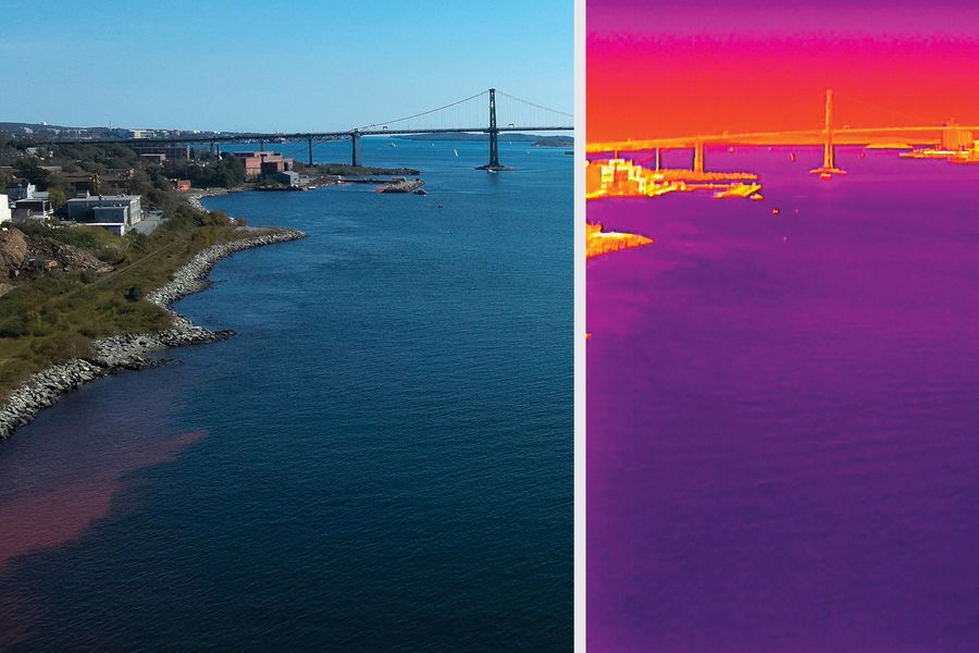 Paired aerial views of a waterfront power station, with a thermal view on the right and a visible-light view on the left showing a vivid pink plume spreading from shore.