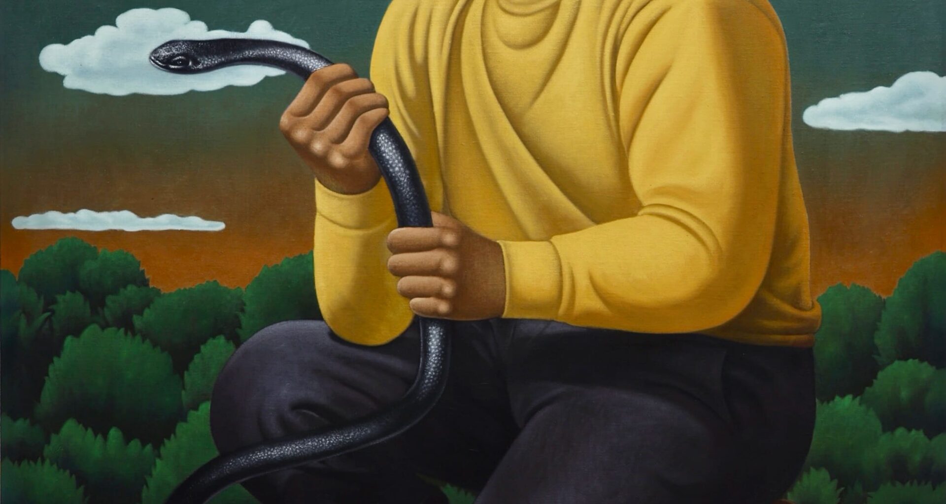 a painting by Tang Shuo of a kneeling figure wearing a yellow shirt and black pants holding a snake. the figure is outdoors with trees in the background