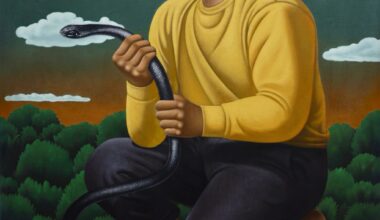 a painting by Tang Shuo of a kneeling figure wearing a yellow shirt and black pants holding a snake. the figure is outdoors with trees in the background