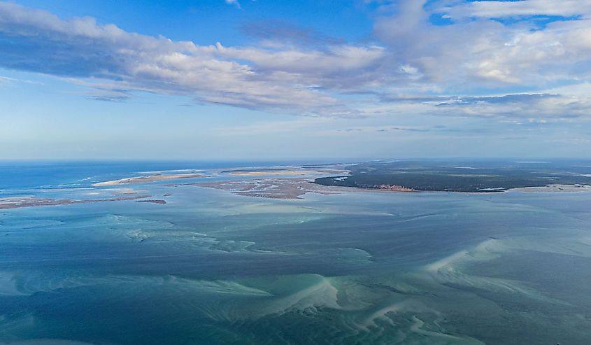Aerial view of the Indian Ocean in Mozambique with sand islands.