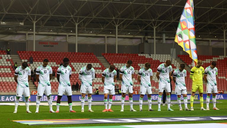 Ireland players lowered their heads during the Israeli anthem in the last game. Pic: Reuters