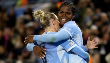 Manchester City striker Khadija Shaw celebrates scoring the opener against PSG