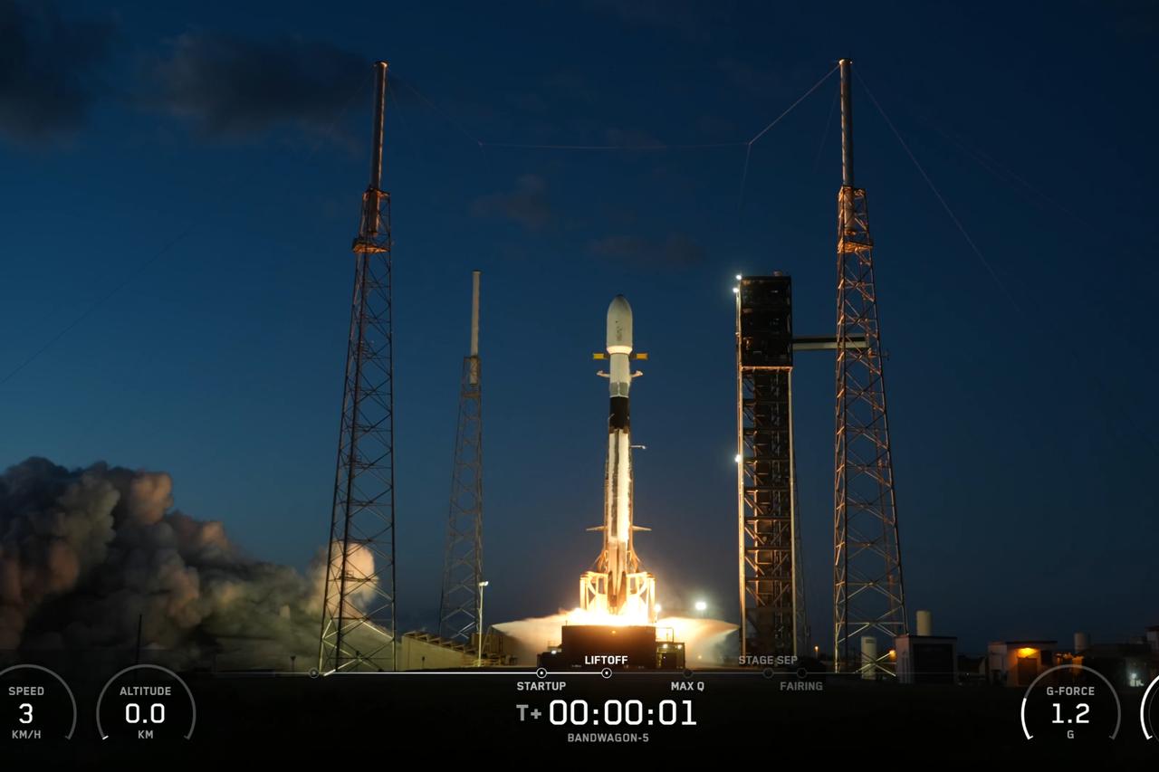SpaceX’s Bandwagon-5 mission lifts off from Florida, one second into the flight on the launch broadcast on Oct. 20, 2026. (Photo via Fergani Space)
