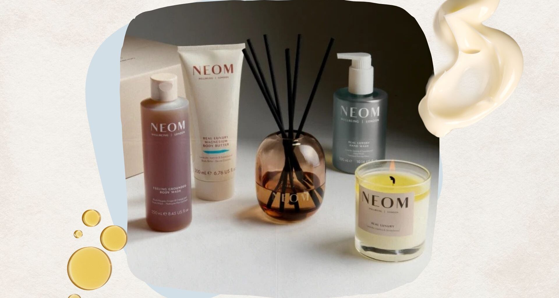 The NEOM de-stress box with five products including a candle, diffuser, body wash, body butter