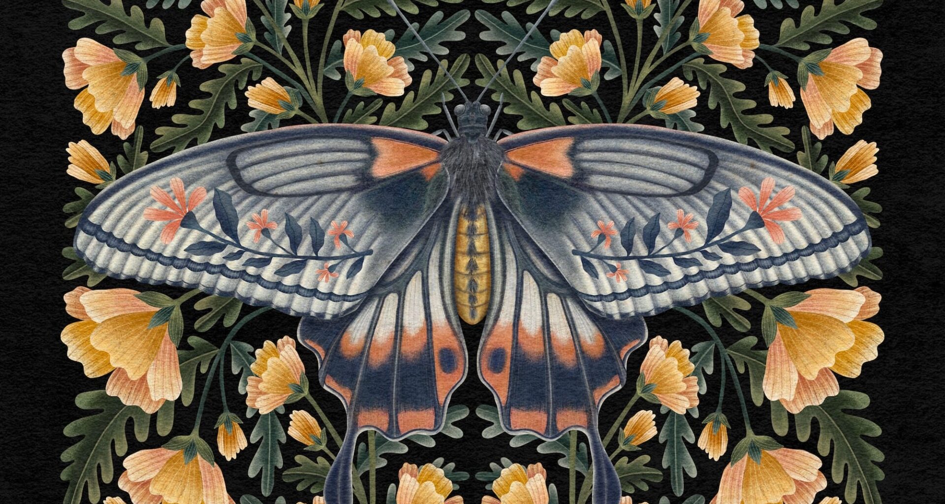 a print of a moth and flowers