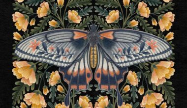 a print of a moth and flowers