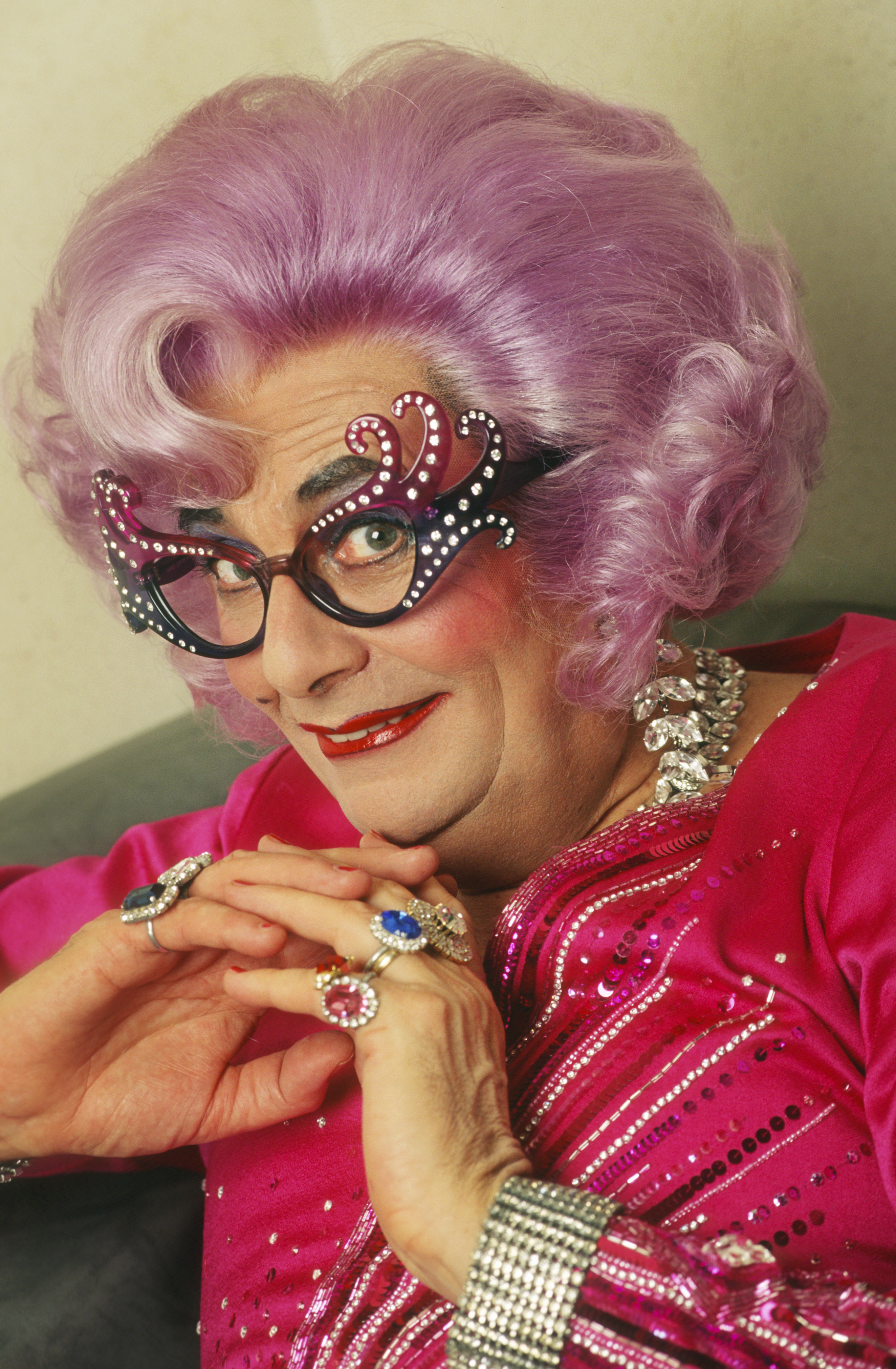 Portrait of Dame Edna Everage.