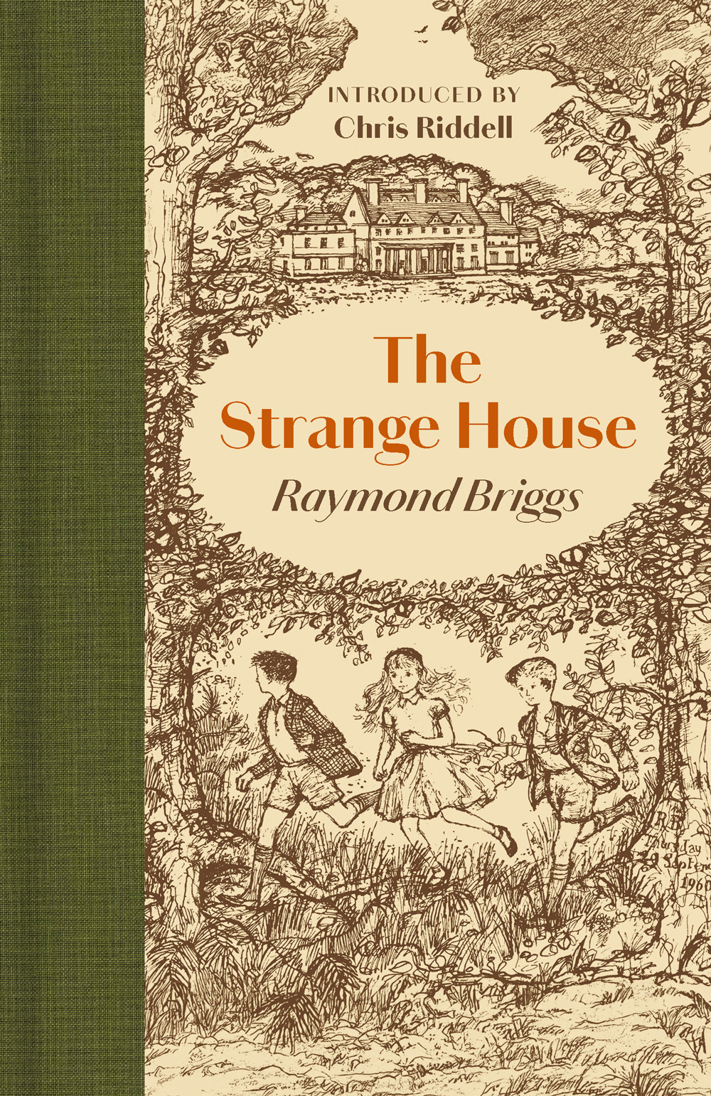 Illustration of the book cover for "The Strange House" by Raymond Briggs, showing three children running in a field towards a large house, with a green textured spine on the left.