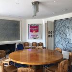 Untitled (1971) by Cy Twombly, Campbell’s Soup Can by Andy Warhol and Letter About Rocks #2 by Brice Marden in the dining room before the fire.