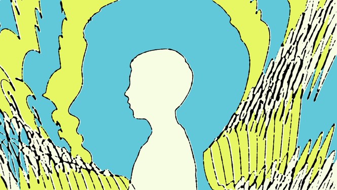 illlustration of boy in side profile with blue and green design surrounding