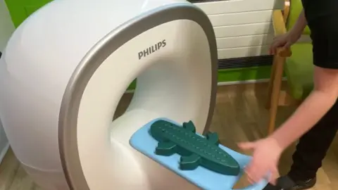BBC The kitten scanner is a white polo-shaped tube, a man is moving a toy crocodile into the tube