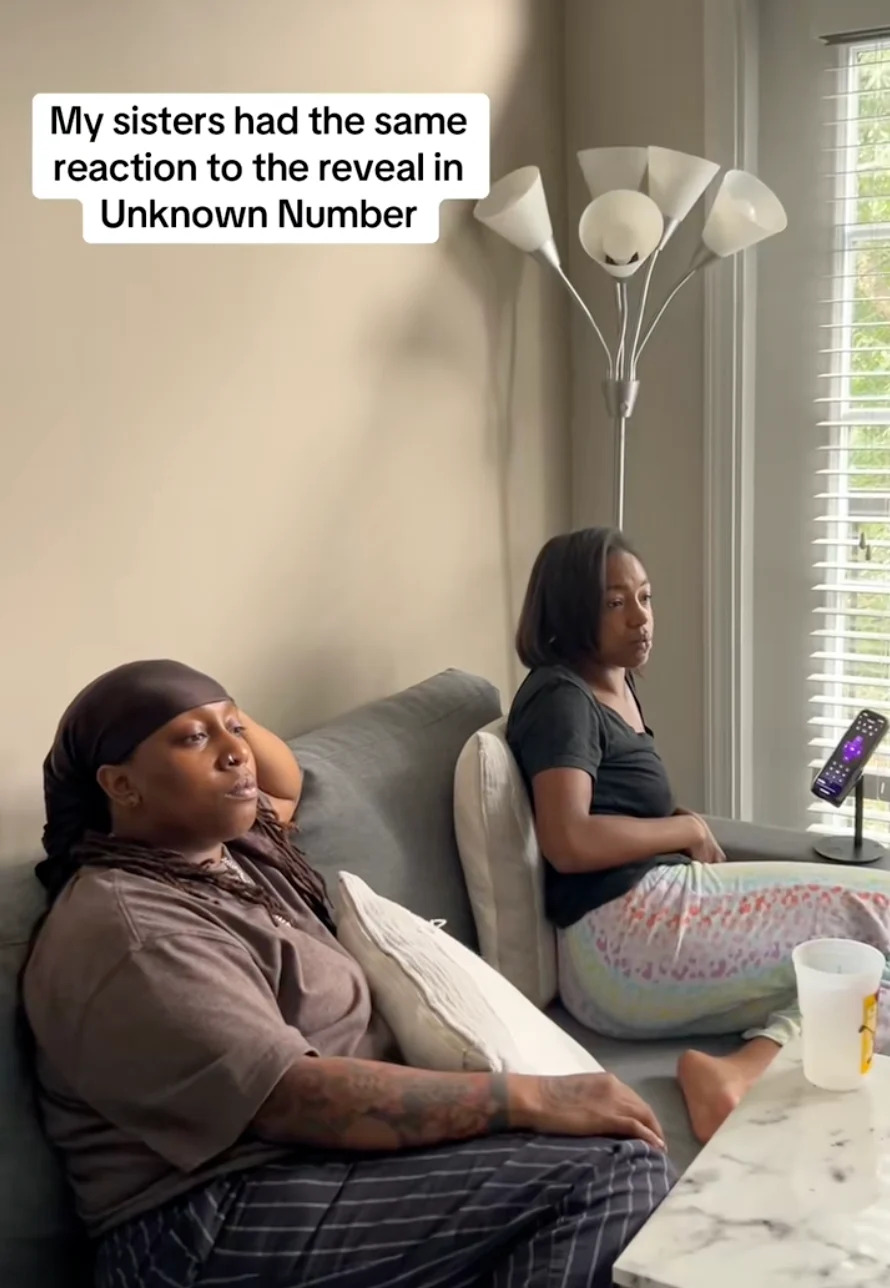 Two people sit on a sofa, looking surprised. Text reads: "My sisters had the same reaction to the reveal in Unknown Number."