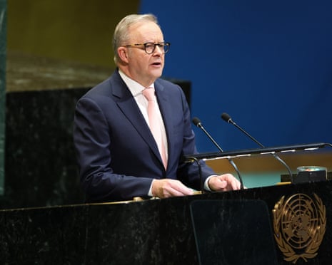Anthony Albanese speaks during a United Nations Summit on Palestinians at UN headquarters.