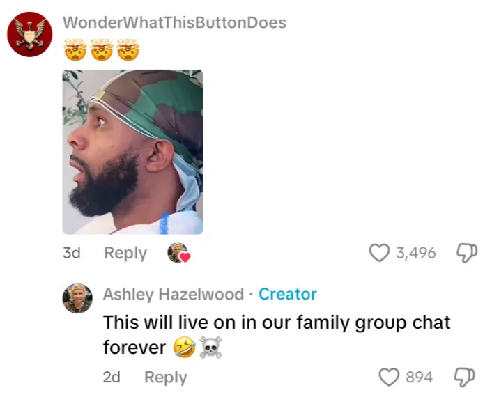 A social media post shows a man wearing a durag. A comment below jokes, “This will live on in our family group chat forever,” with laughing and skull emojis
