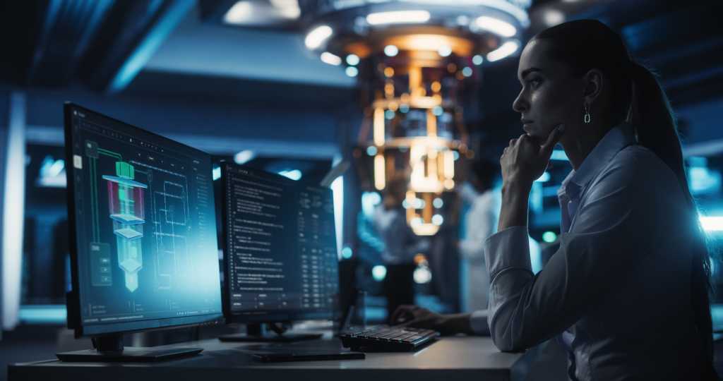 Smart Female Engineer Working Behind a Desk on a Computer