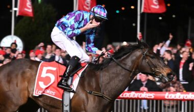 Pride of Jenni powers to victory in the Group 2 Feehan Stakes at The Valley on Friday night. Picture: Getty Images