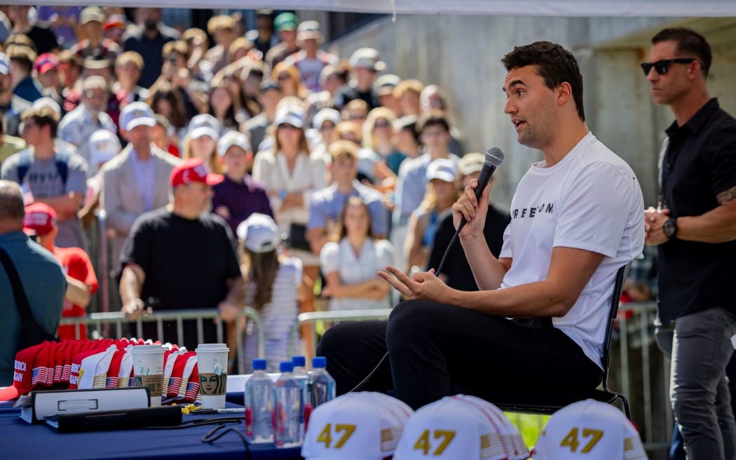 Charlie Kirk speaks during an event at Utah Valley University in Orem, Utah, before he is shot on Wednesday.