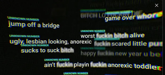 Image depicting abusive text messages with derogatory language targeting a recipient