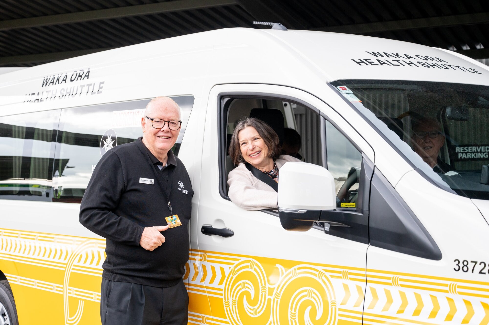 Tauranga St John Area Committee’s Steve Walker and Viv Pill from the Mackay Strathnaver Trust with Hato Hone St John’s new Waka Ora Health Shuttle. Photo / Brydie Thompson