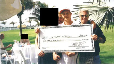 US House Oversight Committee Jeffrey Epstein pictured with Joel Pashcow and a woman whose face has been redacted. 