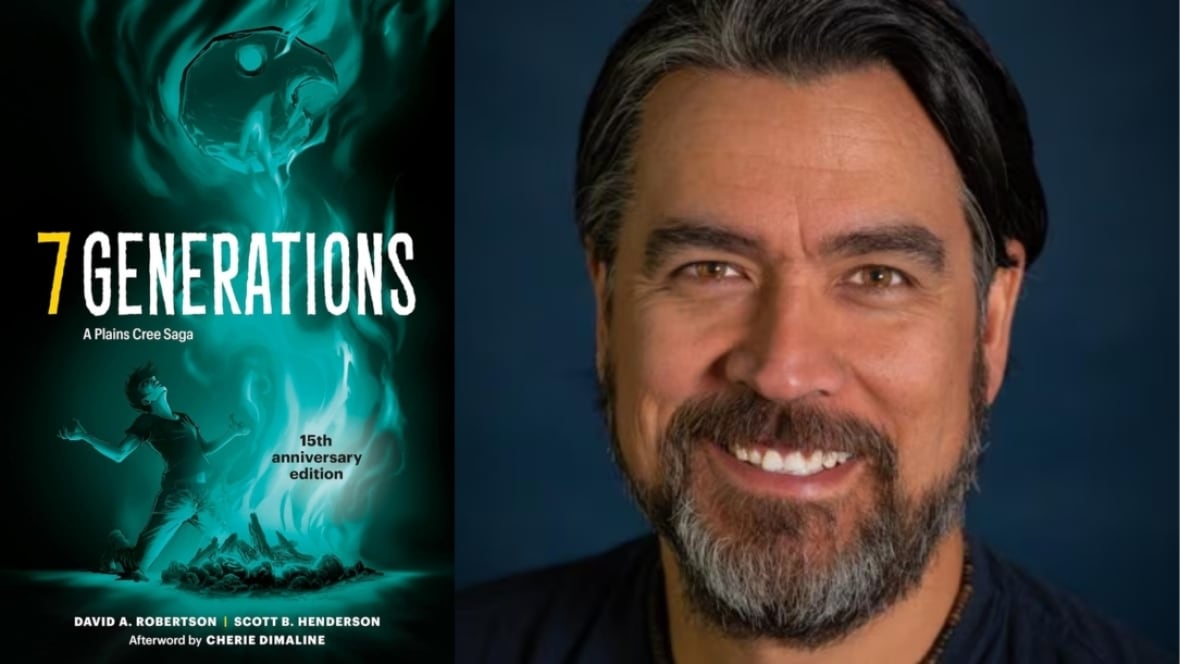 7 Generations: A Plains Cree Saga by David A Robertson. Illustrated book cover of a young man kneeling in front of a campfire at night.