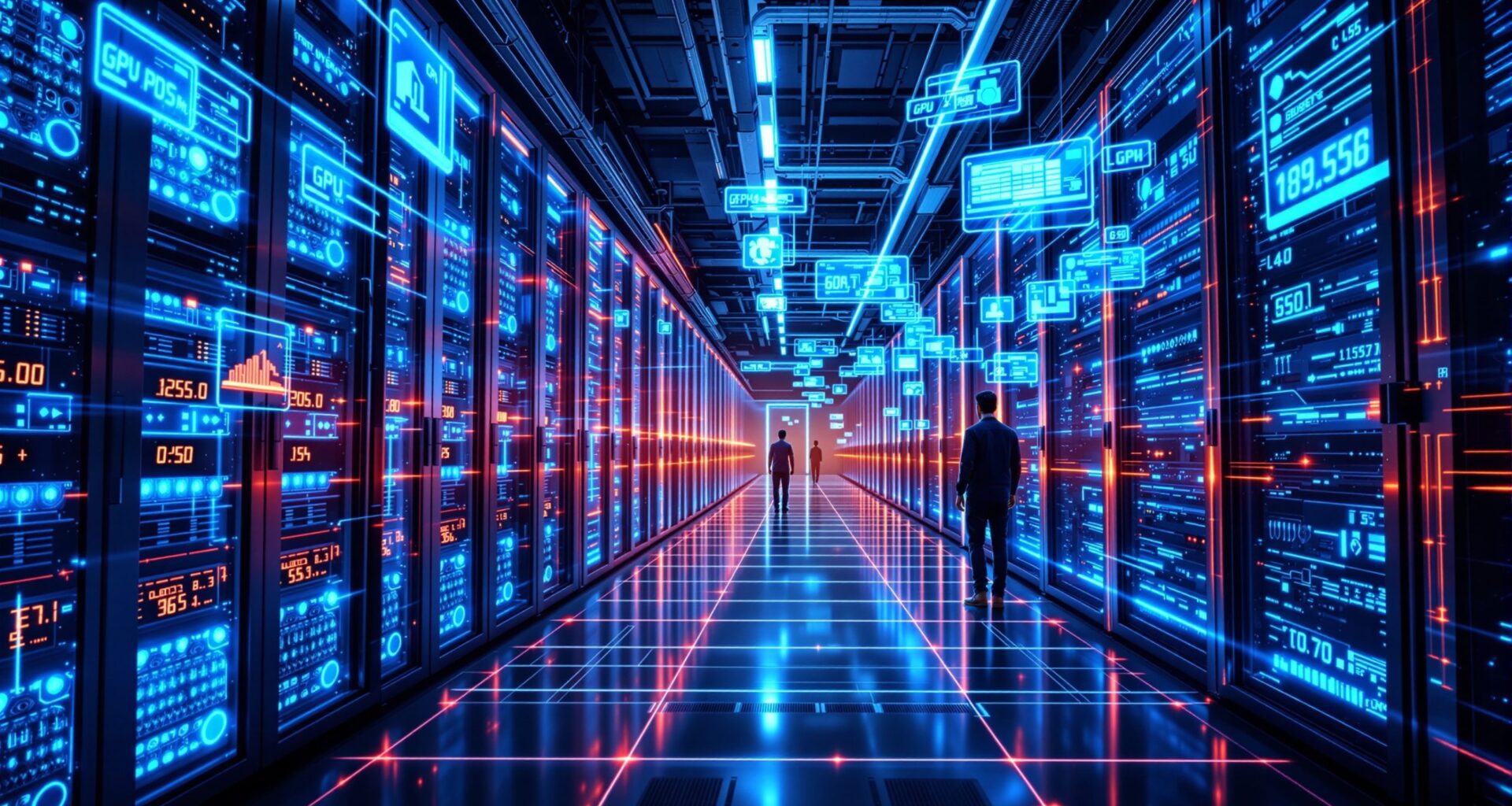 Futuristic AI data center buildout scene.