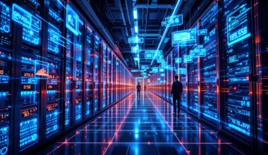 Futuristic AI data center buildout scene.