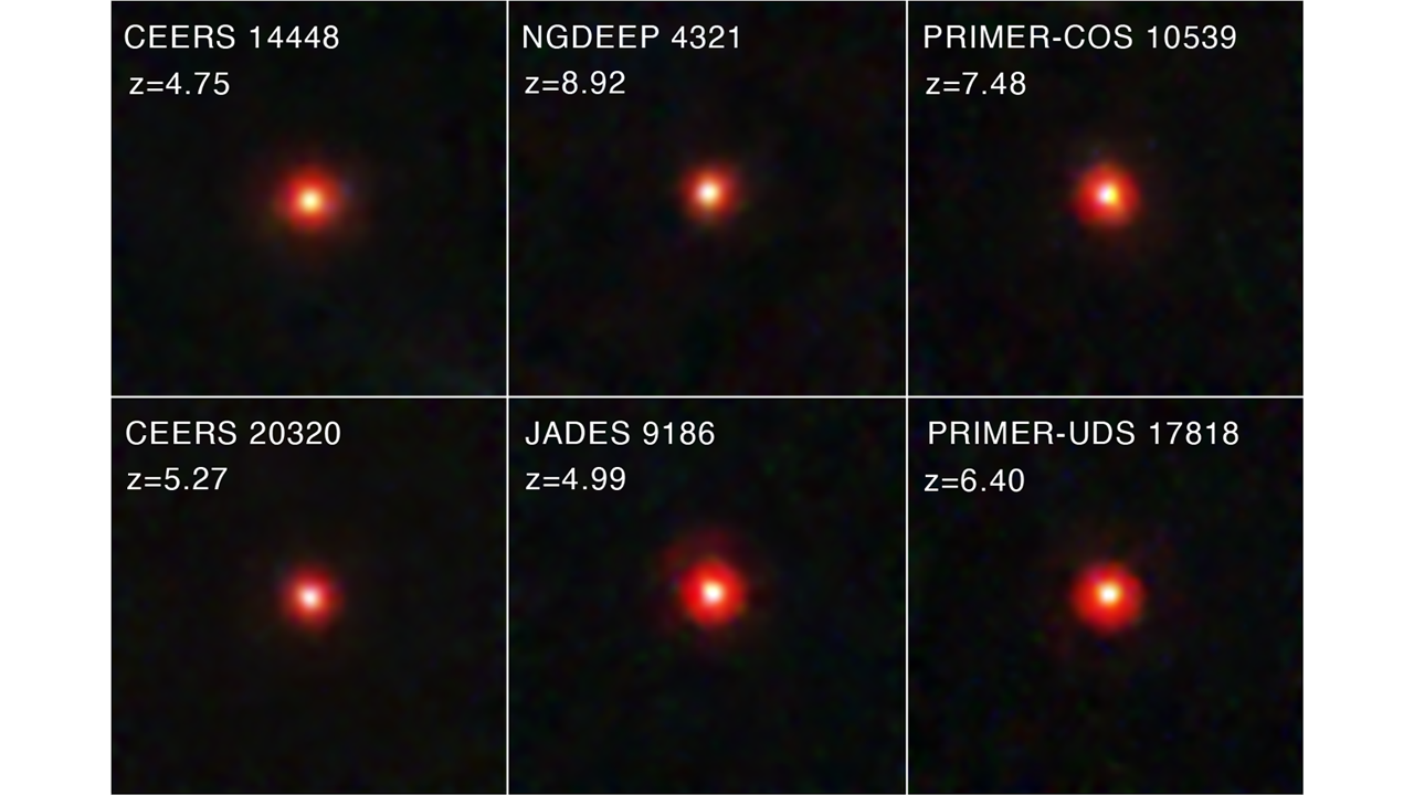 Six of the "little red dot" galaxies discovered by the JWST. They all look like blurry red dots of different shapes and sizes against a dark background.
