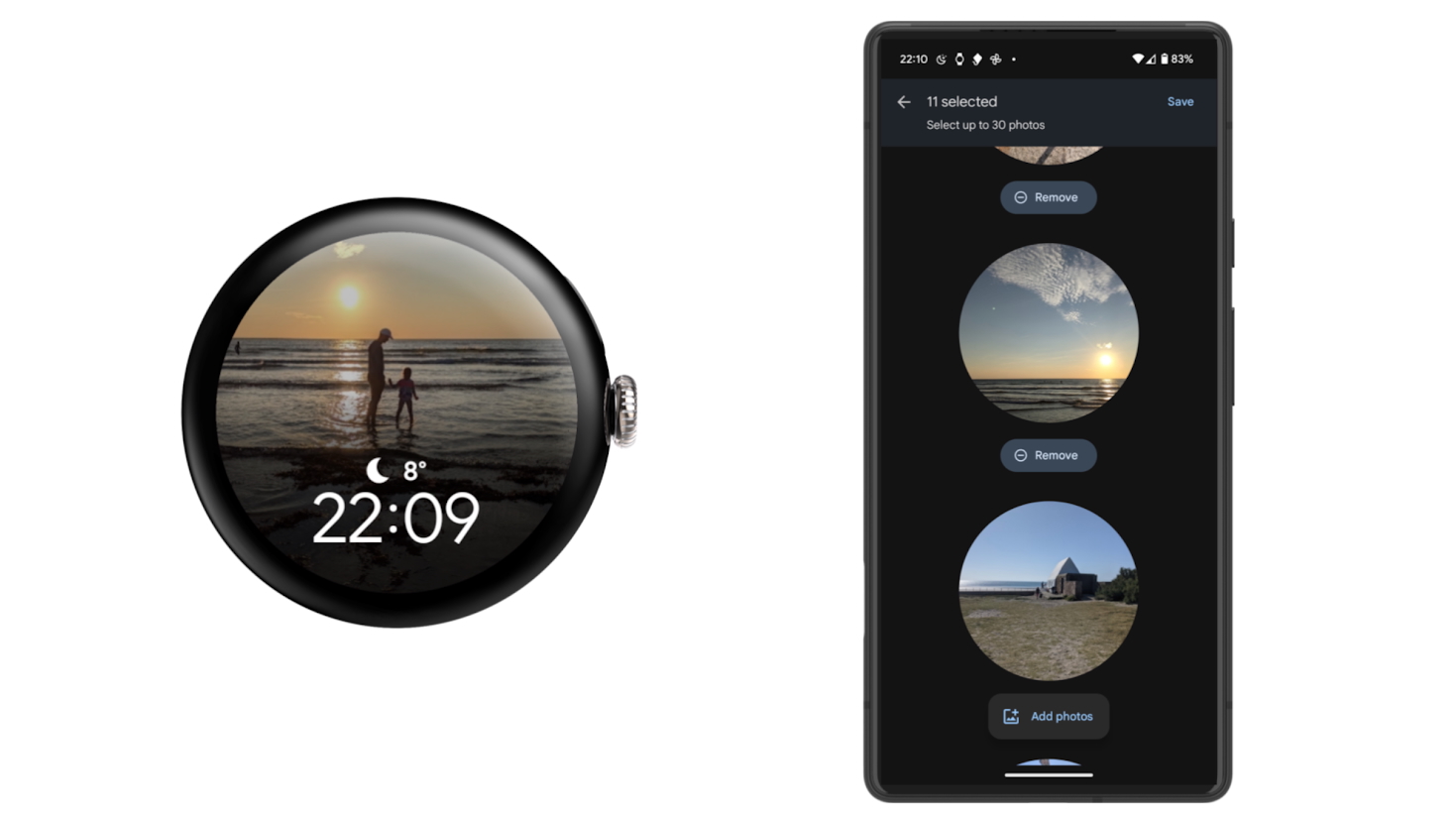 A Pixel Watch 3 display shows an oceanfront photo watch face with a time on the bottom half; next to the watch, an Android phone shows a screen for adding multiple photos to this face, with the ability to crop the photo to the screen size.