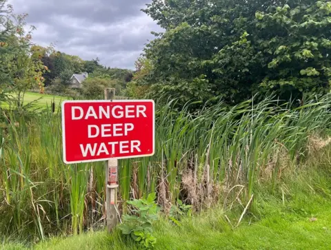 A wall of long grass with trees behind it and a field with a red sign saying: "Danger Deep Water".