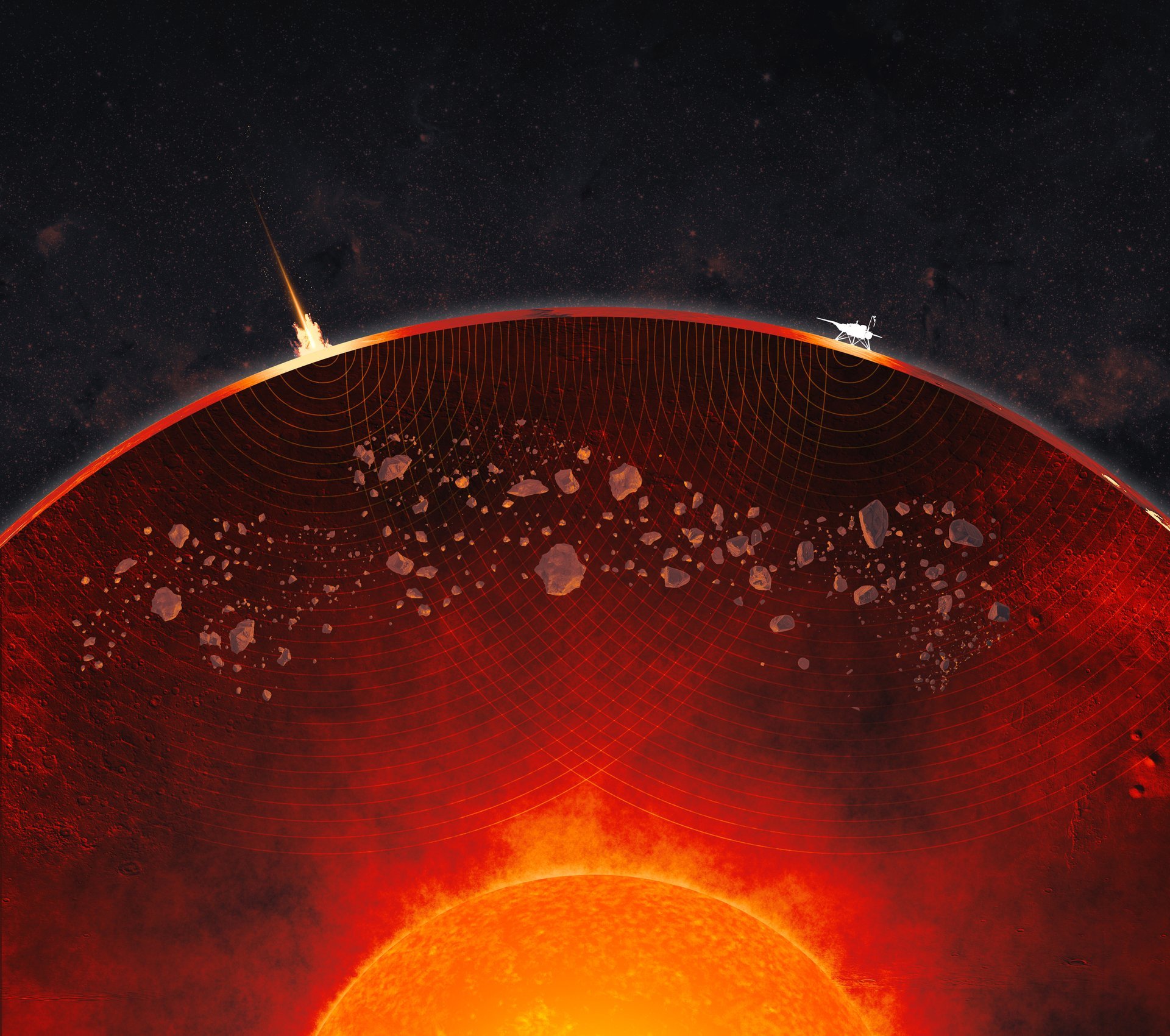 A cutaway view of Mars in this artist’s concept (not to scale) reveals debris from ancient impacts scattered through the planet’s mantle. Credit: NASA/JPL-Caltech