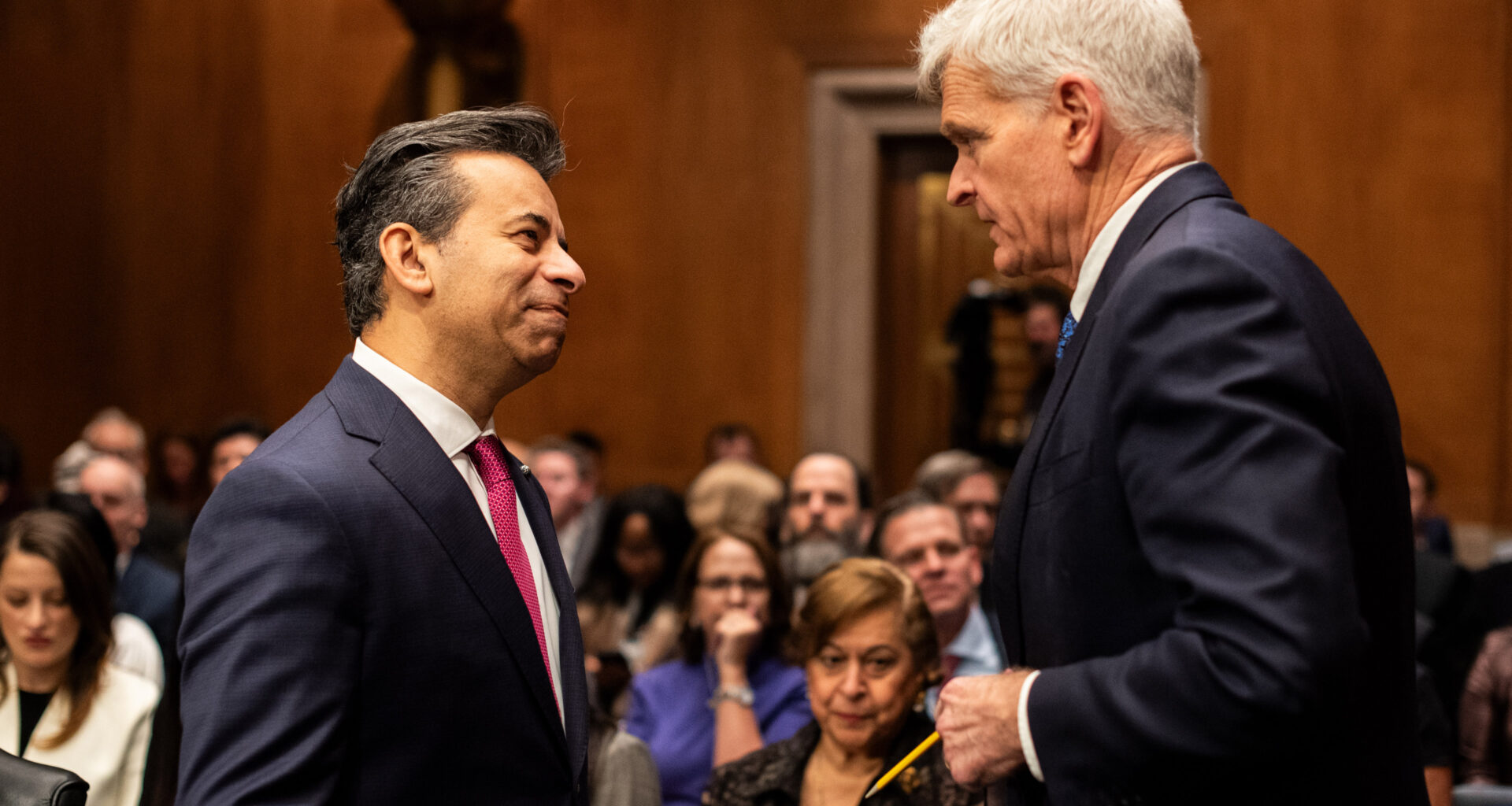 A photo of Marty Makary in a Senate hearing room speaking to Sen. Bill Cassidy.