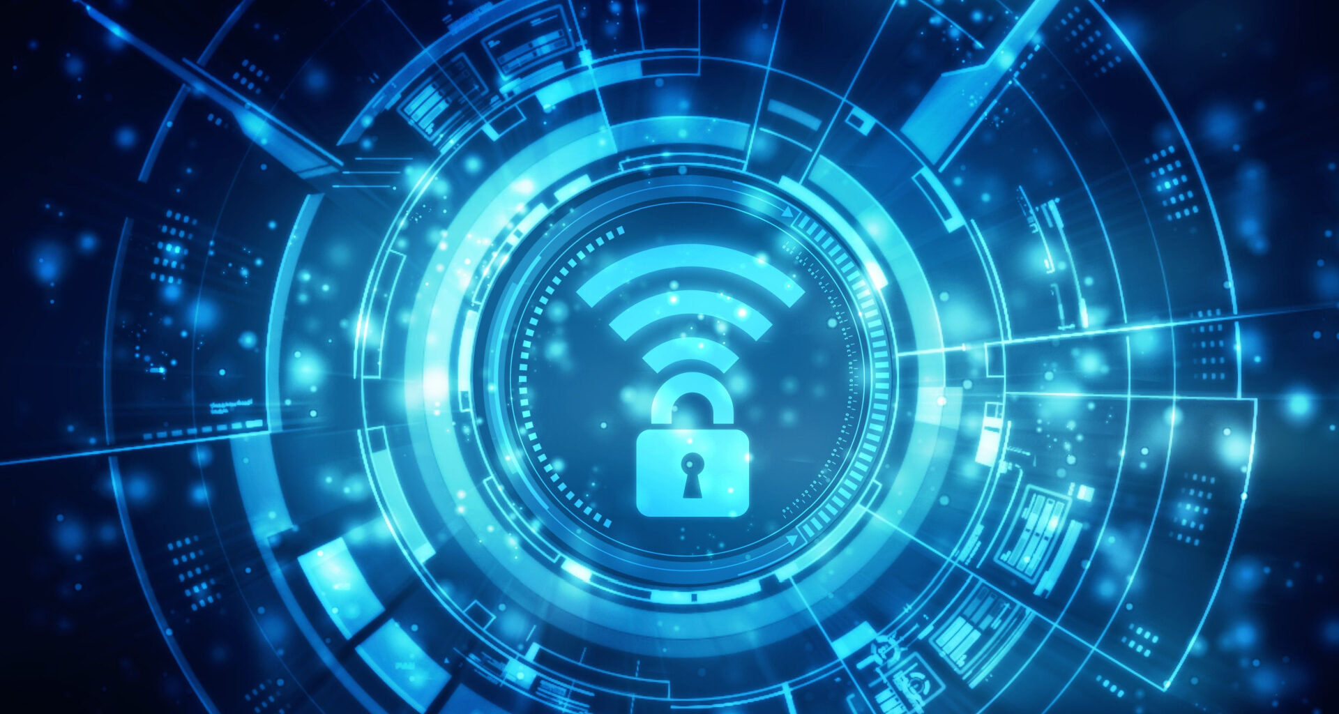 A stylized depiction of a padlocked WiFi symbol sitting in the centre of an interlocking vault.