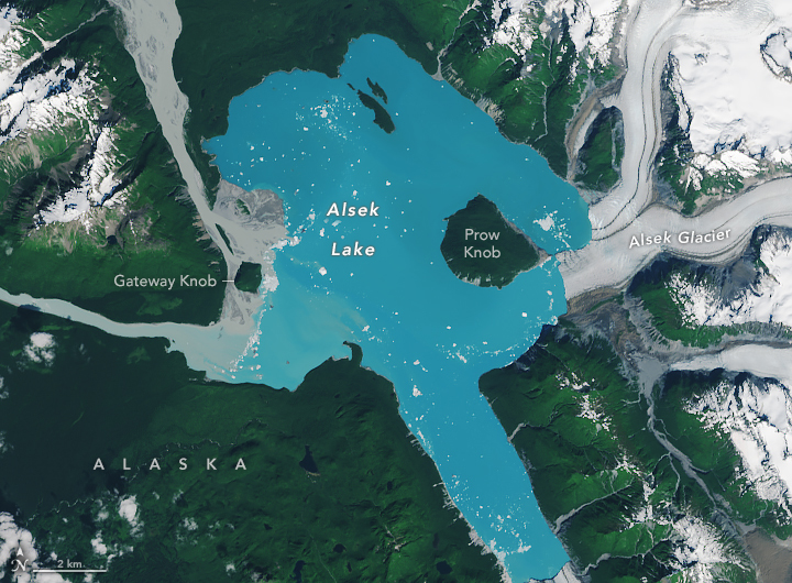 An annotated satellite image of Prow Knob completely separated from Alsek Glacier.