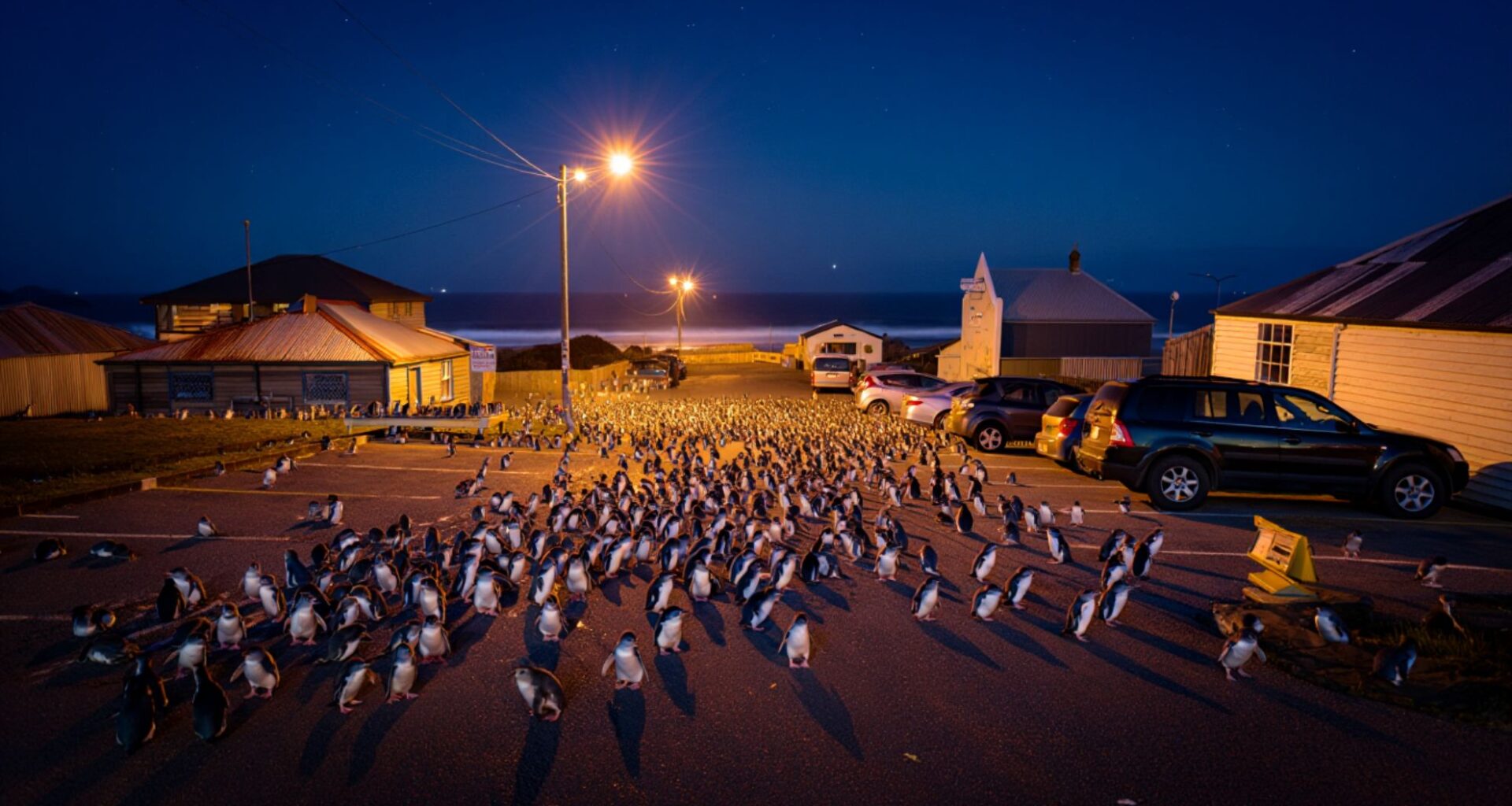 These tiny blue penguins have taken over a car park in Oamaru at night