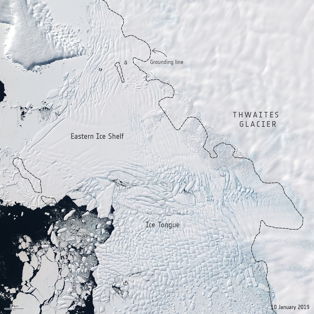 The Thwaites Glacier, Ice Tongue and Eastern Ice Shelf, photographed in 2019 from the Sentinel-2 satellite.